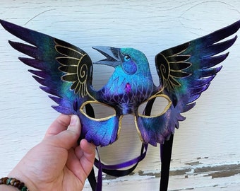 Raven Crow Custom Leather Masquerade Mask Rigid Ready to Wear or Display