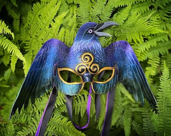 Custom Celtic Raven Leather Masquerade Mask - Custom Painted Mask, Rigid Leather, Ready to Wear or Display