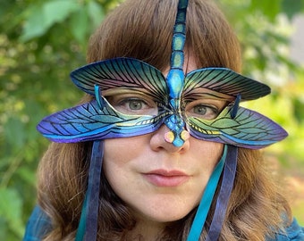 Iridescent Dragonfly Masquerade Leather Mask Custom Made to Order