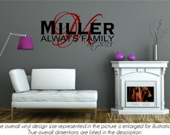 Personalized Name - Last Name With Always Family, Established Year, And Large Background Initial - Vinyl Wall Art - VWLN502