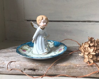 Angel Ring and Jewelry Holder, Vintage Angel Figurine Assemblage, Bangle Holder, Trinket Dish Catch All