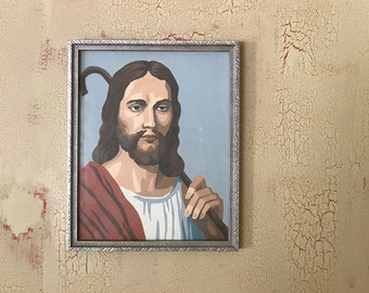 Portrait encadré de Jésus-Christ peinture par numéro, peinture PBN vintage de Jésus de Nazareth, art mural religieux du milieu du siècle