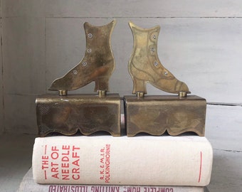 Antique Brass Shoe Mantel Ornaments, 1800s Victorian Shoe Mantel Decor, Brass and Wood Button-Up Shoe Bookends, Altar Piece