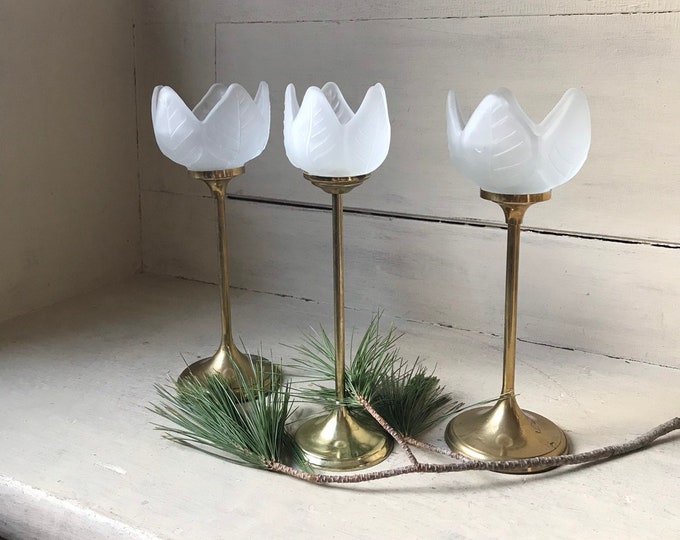 Vintage Frosted Glass Tulip Candle Holders, Set of 3 Glass and Brass Tulip Candleholders, Lotus