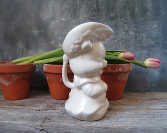 Vintage White Stoneware Jug, Farmhouse Pig Pitcher, Country Kitchen Decor, Cottage Core, Little Piggy Ceramic Jug