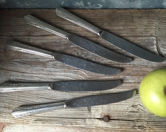 Knife Set with Silver Plate Handles, Set of 5 Vintage Dinner Knives, Wedding Cutlery, Silver Plate Flatware with Stainless Blades