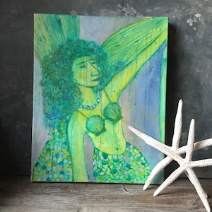 Pintura de sirena, pintura acrílica original de sirena mítica, decoración de casa de playa, decoración costera, decoración del hogar, decoración de guardería, arte de pared