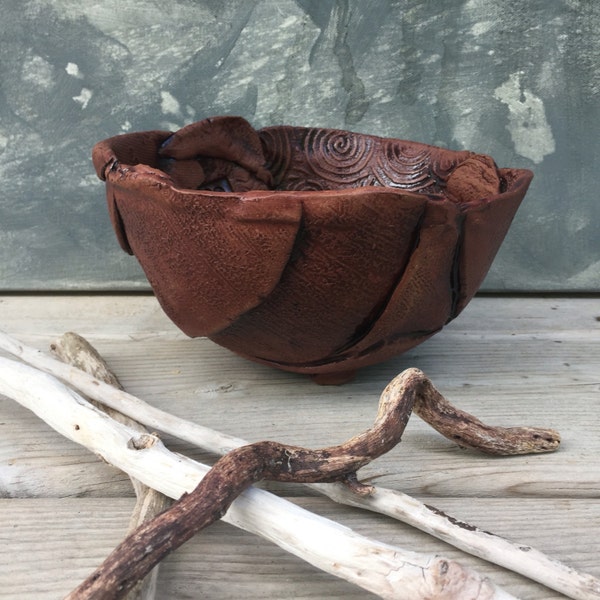 Hand Built Bowl: Boho Pottery Bowl, Hand Crafted Stoneware, Patchwork Fruit Bowl, Decorative Inspirational Ceramic Bowl, Rustic Style
