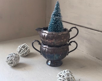 Cream and Sugar Set Silver Plate, Vintage Primrose Plate Creamer and Open Sugar Bowl with Pedestal Base, Vintage Wedding, Cottage Chic