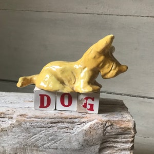 Ceramic Scottie Dog Figurine, Vintage Hand Crafted Yellow Scotty Dog, Pottery Dog Statue. Dog Lover Gift