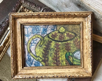 Vintage Teapot Still Life Pastel Drawing, Framed Still Life Pastel Resist Original Art, Tea Lover Gift, Wall Decor, Eclectic Home Decor