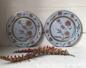 Set of 2 Vintage Enamelled Brass Wall Plates, Cloisonne Flowers and Leaves Plate, Silver and Coral Floral Display Plates, Boho Wall Hanging