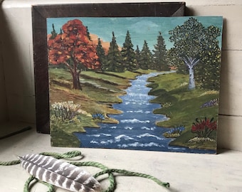 Vintage Landscape Oil Painting, Scenic Trees and Stream Landscape Painting. Signed Unframed Oil On Board