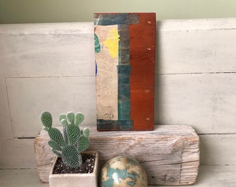 Vintage Mixed Media on Wooden Plank, Mid Century Abstract Wall Decor, Modern Graphic Geometric Design Wall Art, Abstract Wall Decor