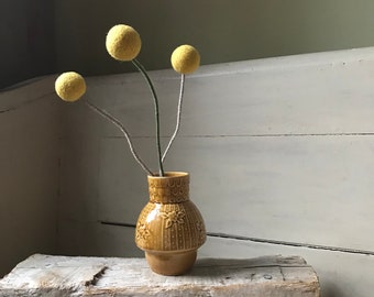 Vintage Vase with Hand Crafted Wool Billy Balls, Curated Assemblage, Vase and Set of 3 Pom Pom Flowers, Billy Balls in Vase, Farmhouse