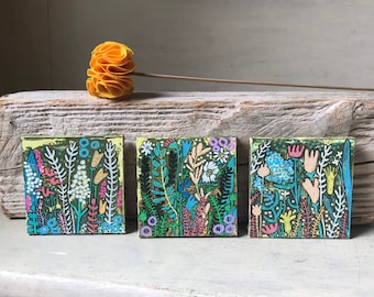 Set of 3 Secret Garden Mixed Media Paintings, Small Original Paintings on Canvas