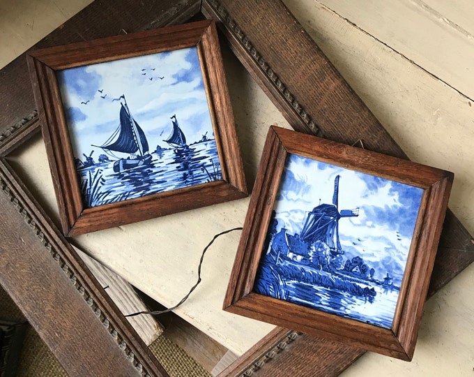 Set of 2 Framed Delft Tile Wall Hangings, Vintage Delft Blue Windmill