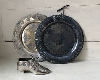 French Country Tarnished Silver Tray, Vintage Silver Plated Plate with Reticulated Edge, Cottage Core Small Plate, Wall Decor