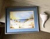 Framed Beach Landscape Painting, Sea Gulls and Dune Scene in Wood Frame, Vintage Seascape Watercolor Painting, Cottage Beach House Decor