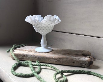 Fenton Hobnail White Milk Glass Compote, Vintage Double Crimped Ruffled Rim Pedestal Bowl, Hobnail Milk Glass Candy Dish, Wedding Decor