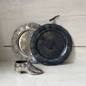French Country Tarnished Silver Tray, Vintage Silver Plated Plate with Reticulated Edge, Cottage Core Small Plate, Wall Decor