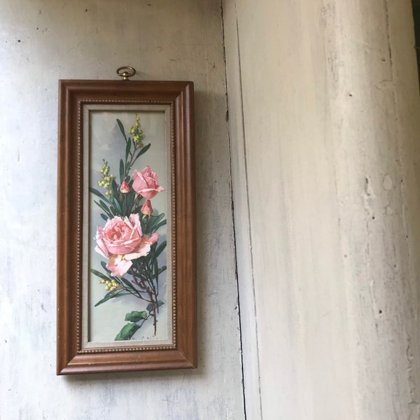 Roses roses et boutons de rose Lithographie encadrée, accessoire mural Vintage Turner, décoration intérieure moderne du milieu du siècle, mur de galerie, cottage chic
