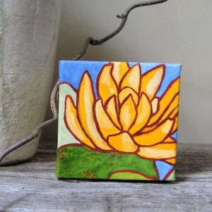 Yellow Water Lily, Original Acrylic Water Lily Painting, On the Pond, Original Art, Wall Decor