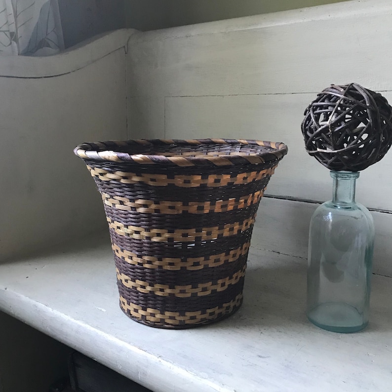 Woven Bamboo Basket Vintage Wicker Waste Basket Planter Etsy