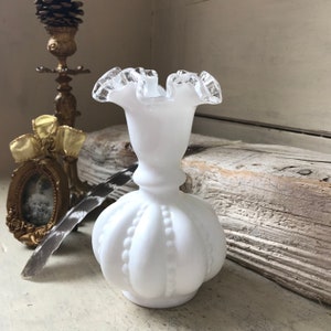 Fenton Silver Crest Milk Glass Melon Vase, Vintage Beaded Melon Rib Milk Glass Vase, Fenton Silvercrest Milk Glass Vase