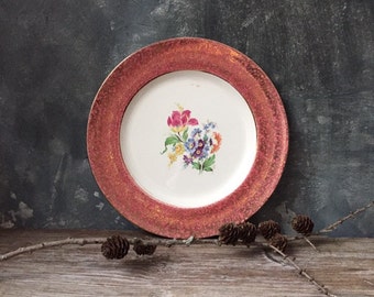 Royal Winton Grimwades China Plate, 22Kt Gold Decorative Dinner Plate, Floral Center Red Rose Rim, Cabinet Plate, Vintage Wall Decor