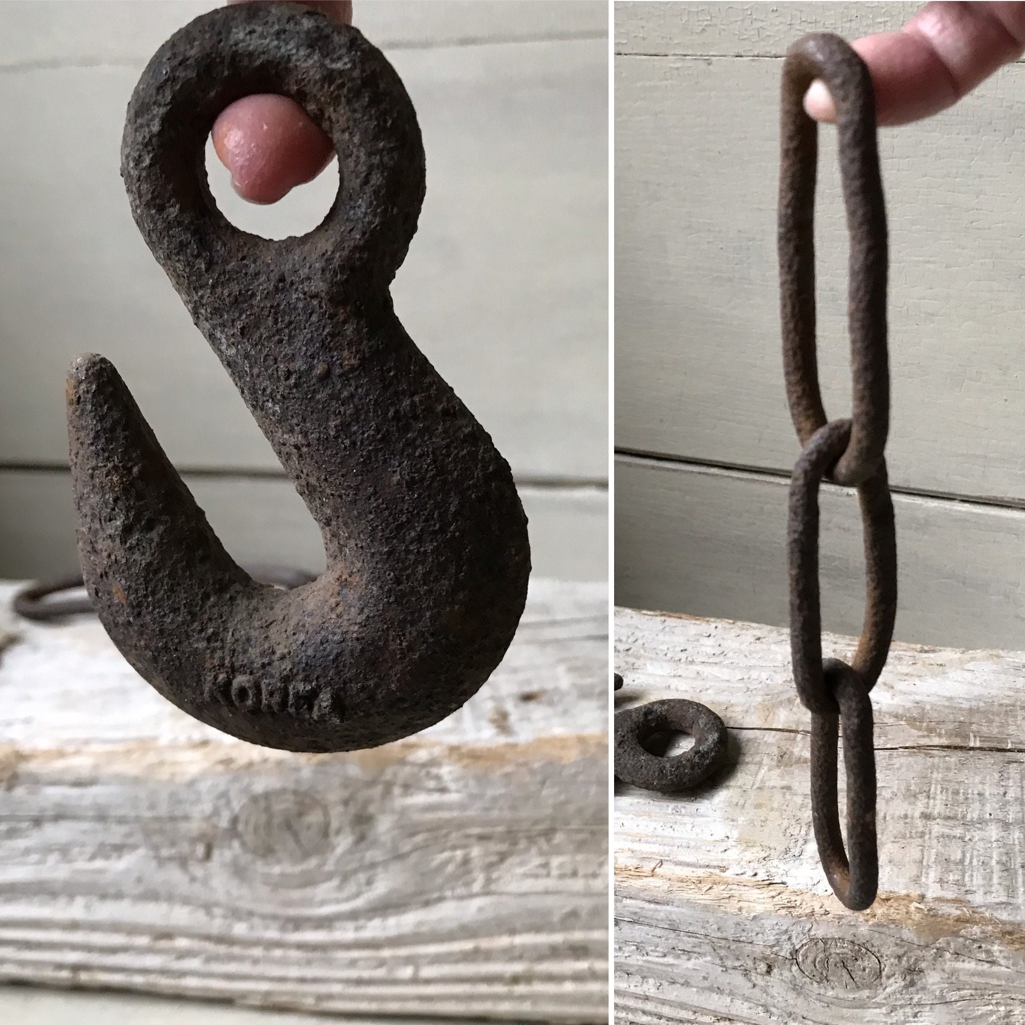 Industrial Metal Hook and Chain, Vintage Forged Iron Hook and