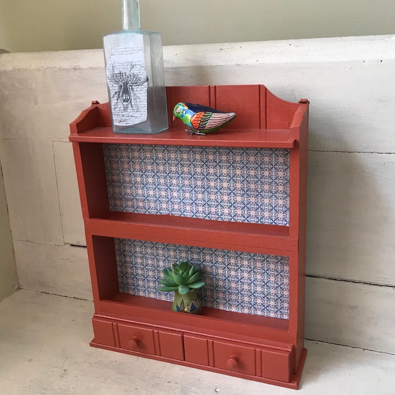 Vintage Three Tier Spice Rack Painted Wood Wall Shelf Display Rack Farmhouse Kitchen Storage Shelf Orange Spice Rack with Drawers