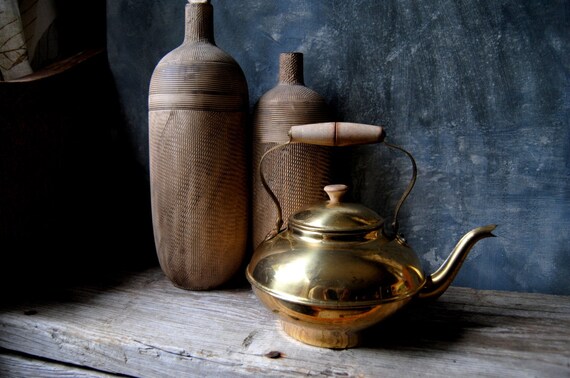 Brass Tea Pot, Vintage Rustic Brass Tea Kettle, Wood Handle Teapot, Cottage Chic, Farmhouse Decor, French Country Home, Kitchen Decor