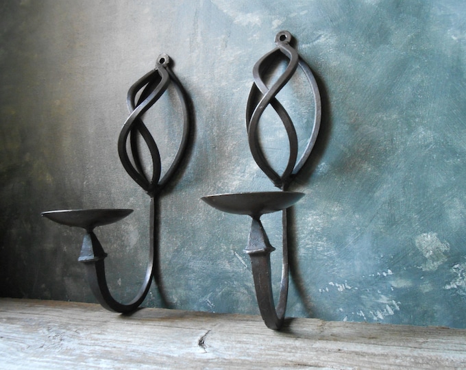 Wrought Iron Candle Sconces / Vintage Hand Candle Holder Pair