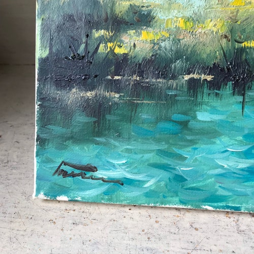 Vintage Landscape Oil Painting, Scenic shops Cabin River and Mountain Landscape Painting. Signed Unframed Oil On Canvas