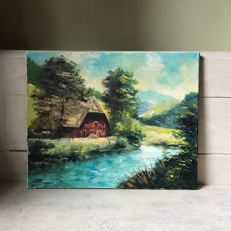 Vintage Landscape Oil Painting, Scenic shops Cabin River and Mountain Landscape Painting. Signed Unframed Oil On Canvas