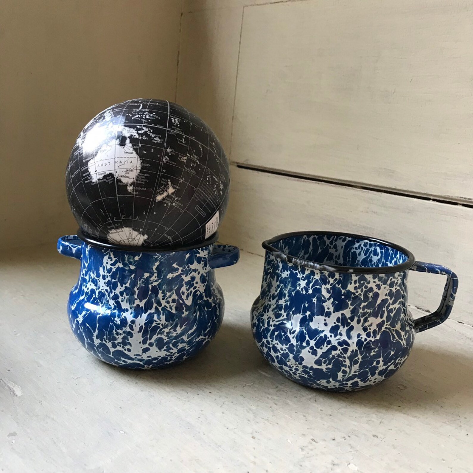 Enamelware Creamer and Sugar Set Marbled Blue and White Etsy