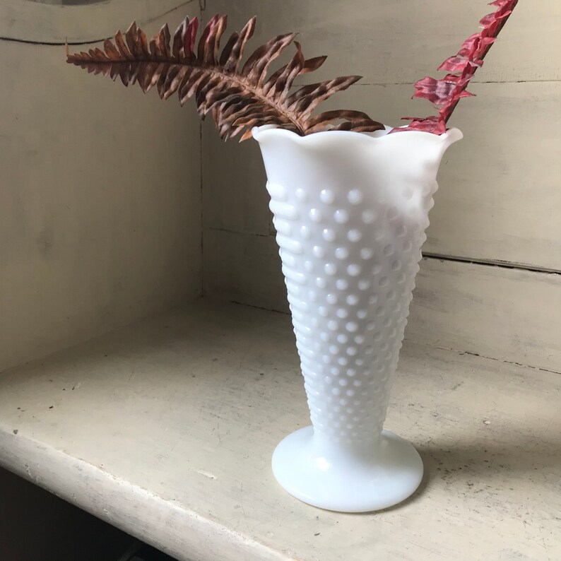 Large Hobnail Milk Glass Vase Vintage Trumpet Shaped White Etsy
