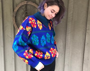 Button Up Turtleneck Knit Sweater, 1990s Knit Pullover, Colourful Knit Jumper, Vintage Button Collar Sweater, Santana Knitwear