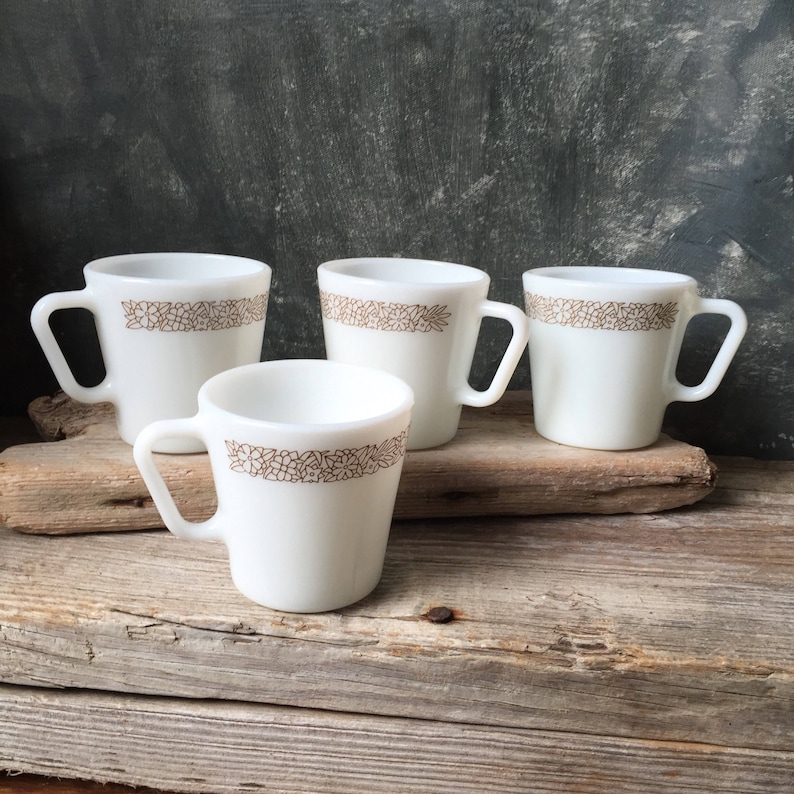 Pyrex Mugs Pyrex Mugs Woodland Brown, Vintage Set of 4 Milk Glass Cups, Vintage ...