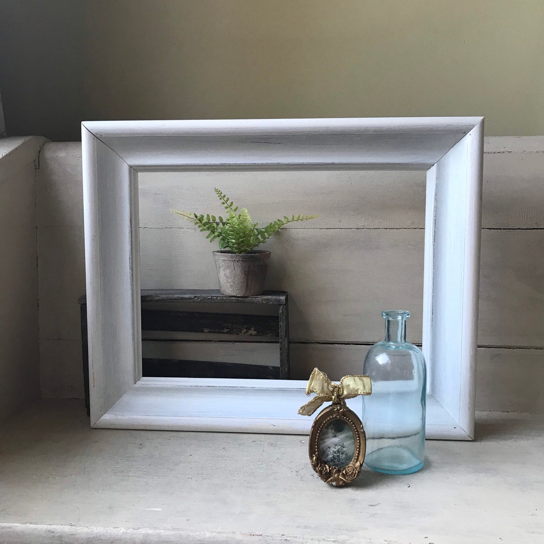 White Distressed Painted Wood Picture Frame, Mid Century Modern Wood