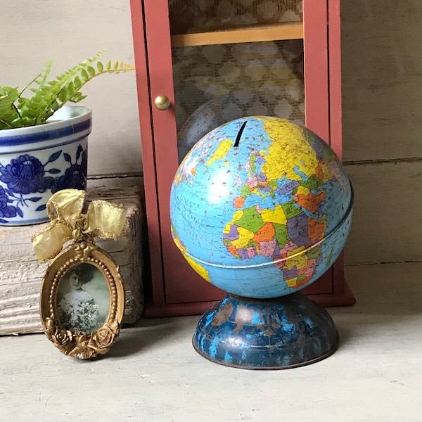 Vintage Tin Globe Bank, Ohio Art Company Zodiac Globe Tin Coin Bank, Small Metal Globe Shaped Piggy Bank