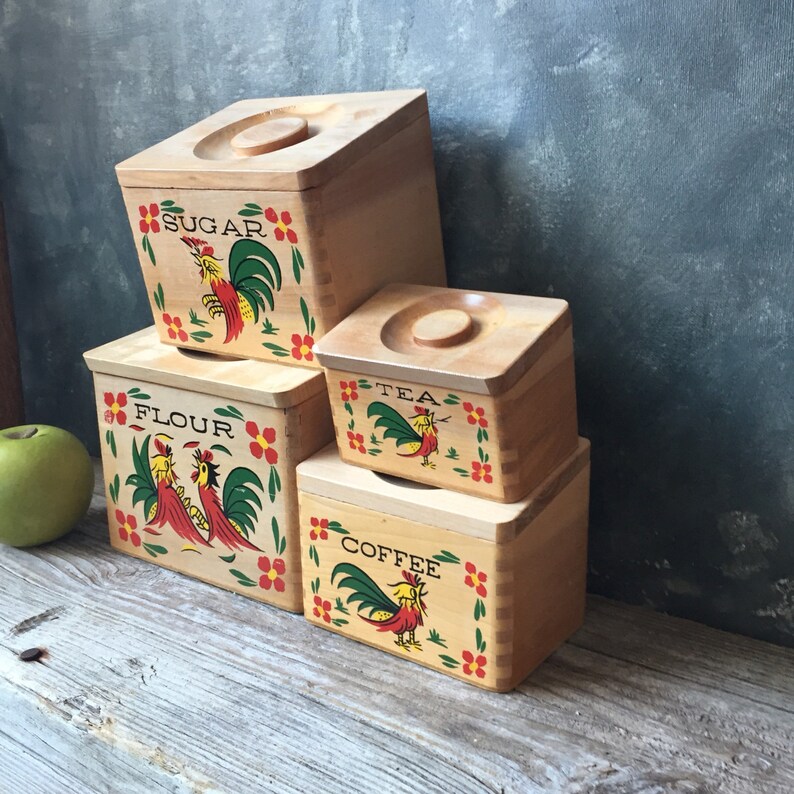 Rooster Wooden Kitchen Canisters Vintage Four Piece Set of Etsy Canada