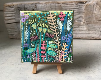 Secret Garden Mixed Media Painting, Small Original Painting on Canvas