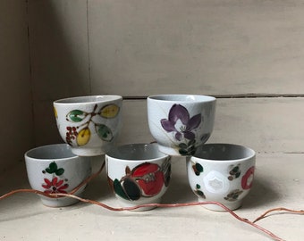 Japanese Tea Cups, Set of 5 Hand Painted Teacups, Vintage Porcelain Tea Cups, Niko Japan Pottery, Floral Pattern Tea Cup, Mini Planters