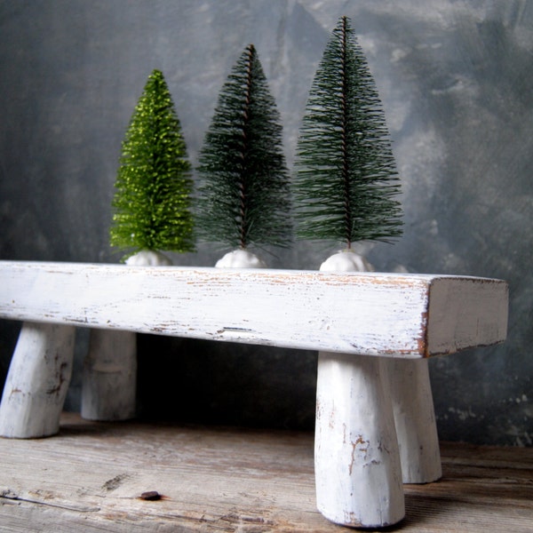 Shabby Cottage Chic Wood Stool / White Decor / Primitive Wooden Farmhouse Bench / Rustic Country Wood Bench / Plant Stand