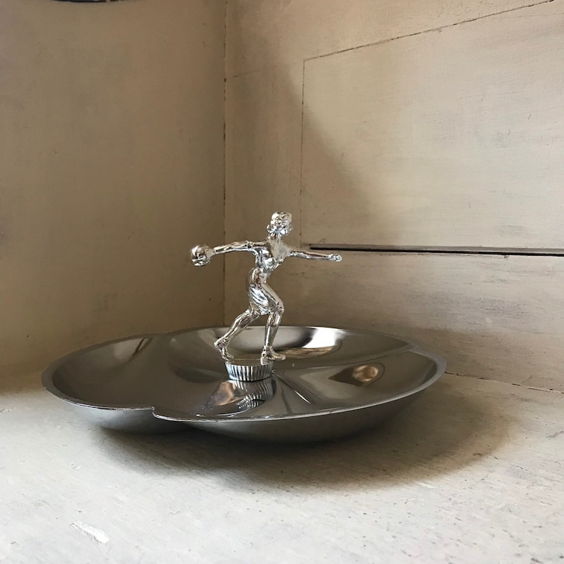 Mid Century Modern Women/'s Bowling Trophy Chrome Trophy Serving Dish MCM Party Platter Cast Metal Female Bowler Trophy Candy Dish