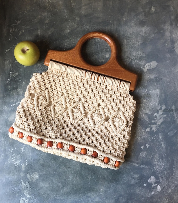 Macrame Purse | 1970s Vintage Macrame Tote With Wo