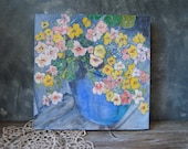 Floral Still Life Acrylic Painting - Petunias and Nastursiums in Cobalt Blue Planter - Canadian Art