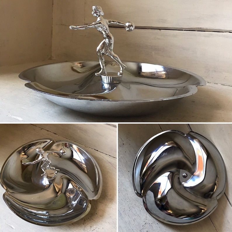 Mid Century Modern Women/'s Bowling Trophy Chrome Trophy Serving Dish MCM Party Platter Cast Metal Female Bowler Trophy Candy Dish